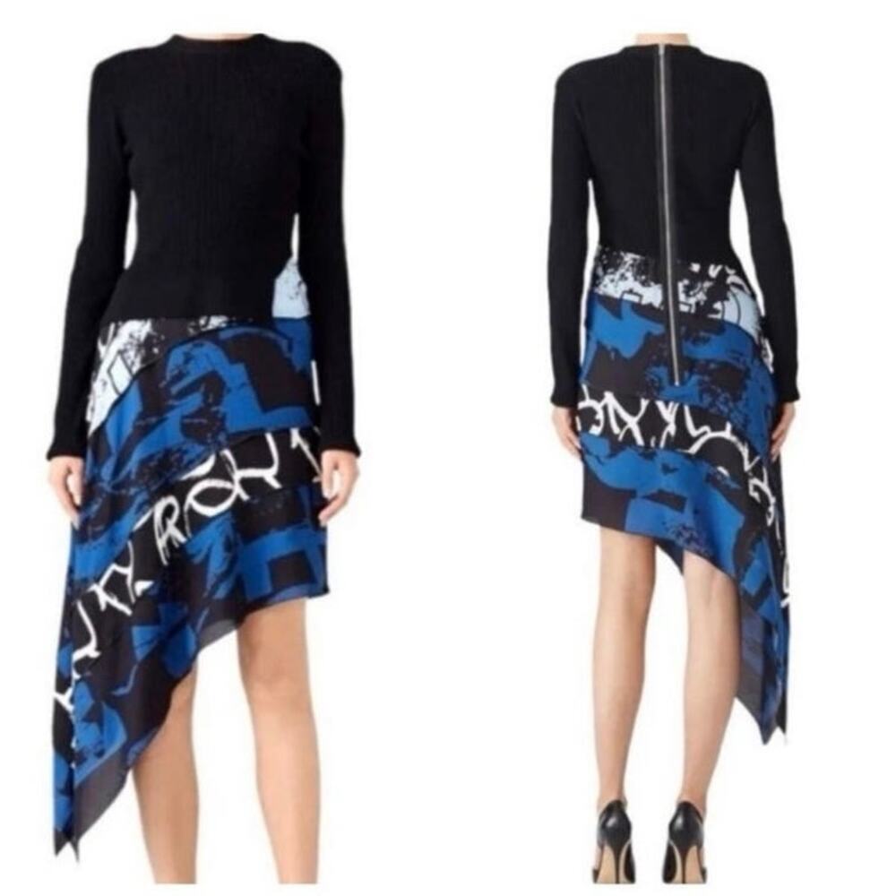 PROENZA SCHOULER Women's Black Blue Silk Long Sleeve Ribbed High-Low Dress Size4